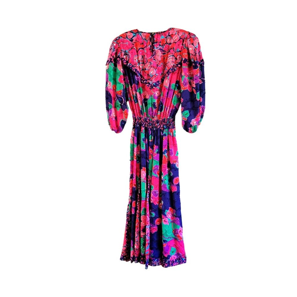 Vintage Diane Freis Original Floral Georgette Dress With Puff Sleeves & Smocked - Picture 3 of 6